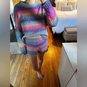 Something Navy multi colored striped shorts and sweater set.